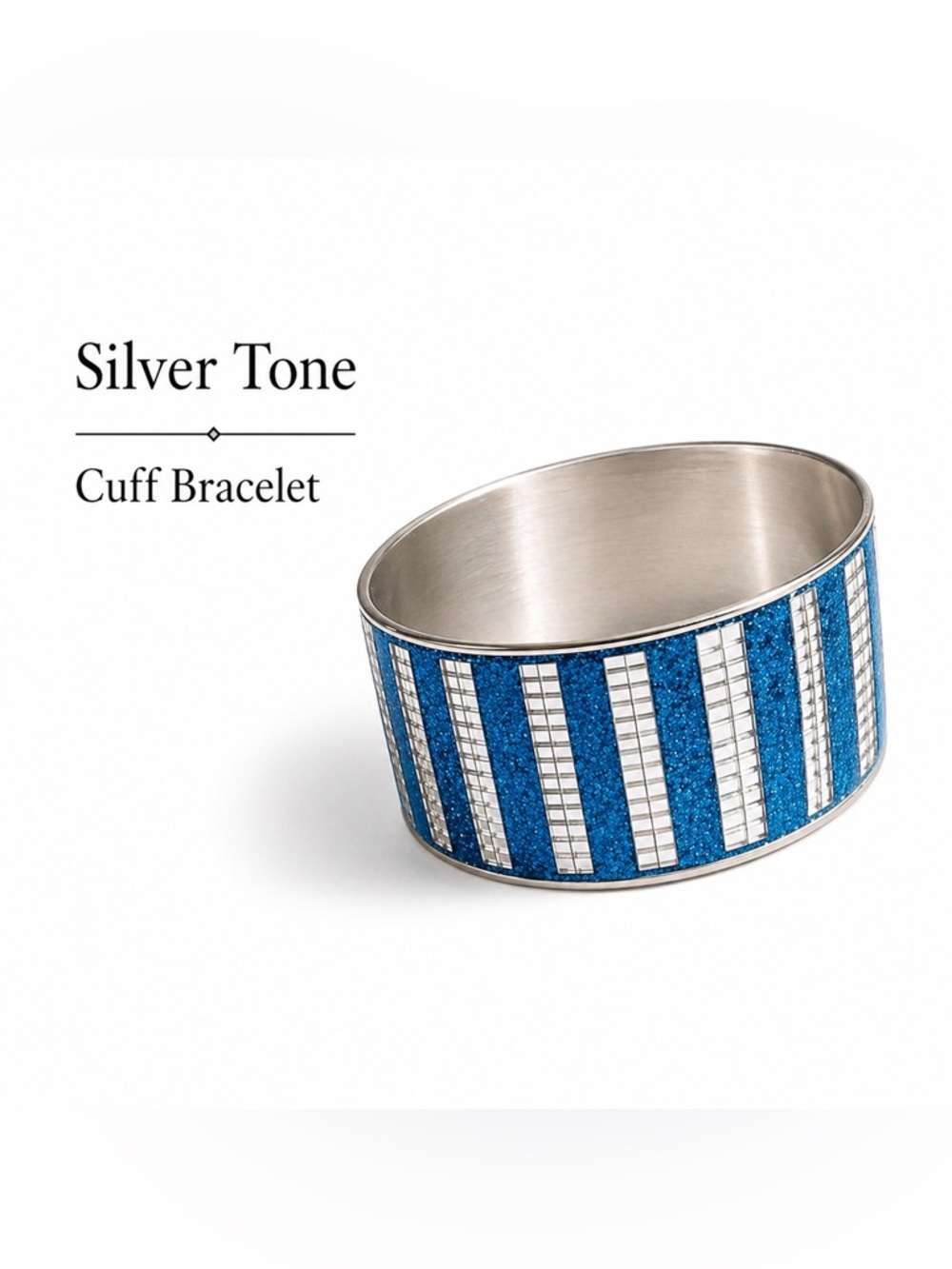 Silver Tone Blue Stripe Wide Cuff Bracelet Statement Bangle NWO